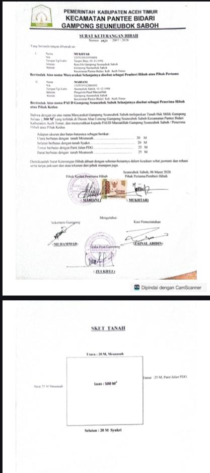 Dugaan Penyerobotan Tanah Meunasah di Seuneubok Saboh: Proyek PAUD Marzatillah Rp.513 Juta Menuai Polemik