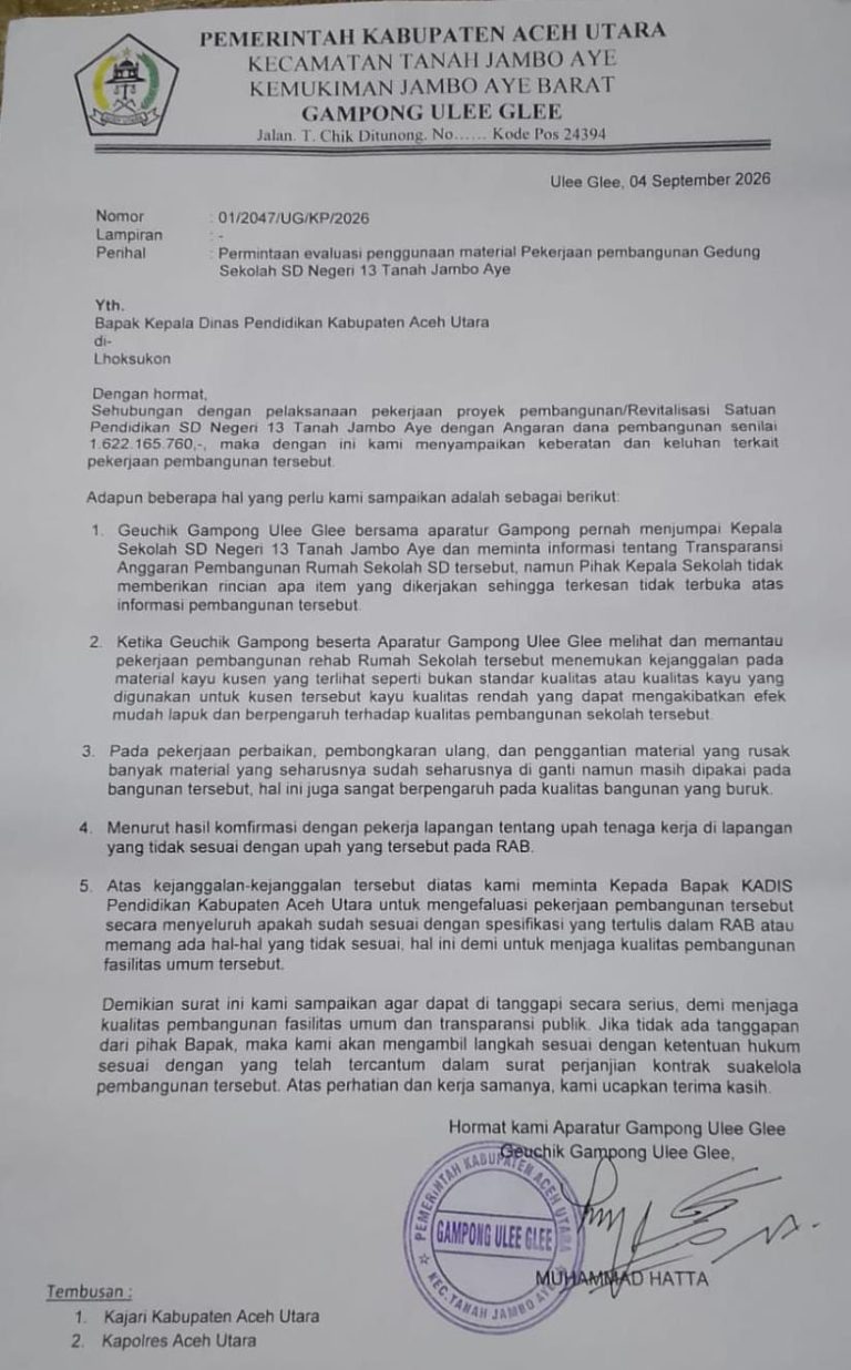 RESMI: GEUCHIK ULEE GEE LAPORKAN KECURANGAN PROYEK SD NEGERI 13 TANAH JAMBO AYE — MATERIAL BURUK, SPESIFIKASI TIDAK SESUAI & ANGGARAN TIDAK TERBUKA, KADIN PENDIDIKAN DIMINTA MENYELIDIKI